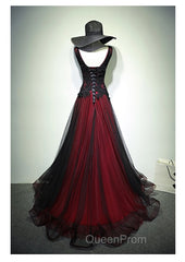 Black and Tulle V-neckline Beaded Lace Long Party Dresses, A-line Evening Prom Dresses Evening Dresses