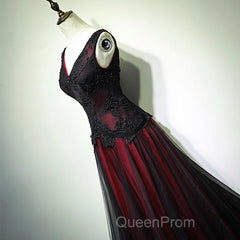 Black And Tulle V-Neckline Beaded Lace Long Party Dresses, A-Line Evening Prom Dresses Evening Dressess