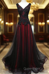 Black And Tulle V-Neckline Beaded Lace Long Party Dresses, A-Line Evening Prom Dresses Evening Dressess