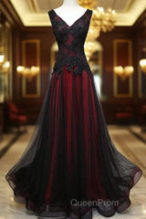 Black And Tulle V-Neckline Beaded Lace Long Party Dresses, A-Line Evening Prom Dresses Evening Dressess