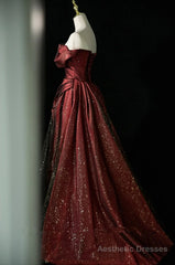 Black and Wine Red Satin Off Shoulder Formal Dress, A-line Long Prom Dress