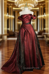 Black and Wine Red Satin Off Shoulder Evening Dresses, A-line Long Evening Prom Dresses