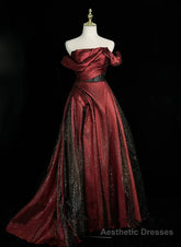 Black and Wine Red Satin Off Shoulder Formal Dress, A-line Long Prom Dress