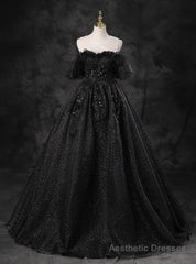 Black Ball Gown Appliques Beading Quinceanera Dress