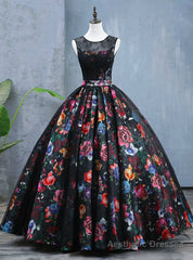 Black Ball Gown Satin Print Lace Backless Quinceanera Dresses