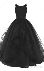 Black Ball Gown Scoop Neck Organza Sleeveless Beading Long Prom Dress