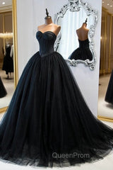 Black Ball Gown Sweetheart Satin and Tulle Evening Gown, Black Party Dresses