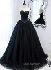 Black Ball Gown Sweetheart Satin and Tulle Evening Gown, Black Party Dresses
