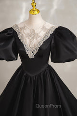 Black Ball Gown with Beaded, Black Short Sleeve Evening Dresses