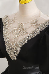 Black Ball Gown with Beaded, Black Short Sleeve Evening Dresses