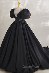 Black Ball Gown with Beaded, Black Short Sleeve Evening Dresses