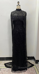 Black Beading Evening Prom Dresses Sweep Train High Neck Zipper Sleeveless Evening Dresses