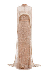 Black Beading Evening Prom Dresses Sweep Train High Neck Zipper Sleeveless Evening Dresses