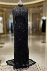 Black Beading Evening Prom Dresses Sweep Train High Neck Zipper Sleeveless Evening Dresses