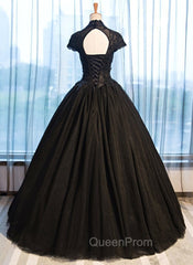 Black Cap Sleeves Long Tulle Party Dresses, Black Evening Prom Dresses