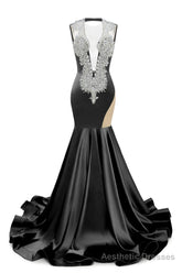 Black Deep V Neck Mermaid Satin Prom Dresses Sparkly Beaded Pageant Crystals Evening Formal Dresses
