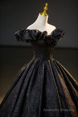 Black Floor Length V-neck Off the Shoulder Formal Dress, Black A-Line Evening Dress