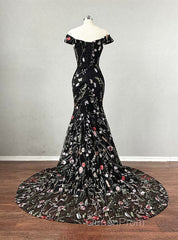 Black Floral Lace Mermaid Off Shoulder Long Party Dresses, Black Evening Dresses Evening Prom Dresses