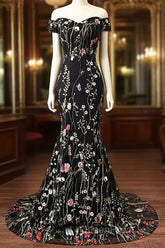 Black Floral Lace Mermaid Off Shoulder Long Party Dresses, Black Evening Dresses Evening Prom Dresses