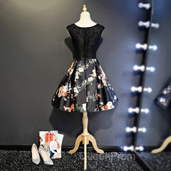 Black Floral Satin and Lace Round Neckline Short Party Dresses Evening Prom Dresses, Black Homecoming Dresses