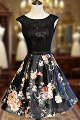 Black Floral Satin and Lace Round Neckline Short Party Dresses Evening Prom Dresses, Black Homecoming Dresses