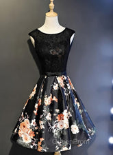 Black Floral Satin and Lace Round Neckline Short Party Dresses Evening Prom Dresses, Black Homecoming Dresses