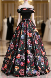 Black Floral Satin Off Shoulder Strapless Long Formal Evening Prom Dresses, Evening Dresses