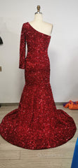 Black Girl Evening Prom Dresses One Shoulder Mermaid Red Evening Prom Dresses | Cheap Sequins Evening Gowns