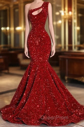 Black Girl Evening Prom Dresses One Shoulder Mermaid Red Evening Prom Dresses | Cheap Sequins Evening Gowns