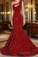 Black Girl Evening Prom Dresses One Shoulder Mermaid Red Evening Prom Dresses | Cheap Sequins Evening Gowns