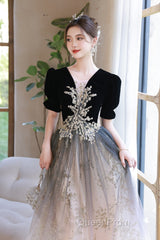 Black Gradient Tulle And Velvet Short Sleeves Party Dresses, A-Line Tulle Long Formal Dresses
