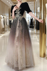 Black Gradient Tulle And Velvet Short Sleeves Party Dresses, A-Line Tulle Long Formal Dresses