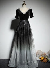 Black Gradient tulle and Velvet Short Sleeves V-neckline Tulle Party Dresses, Black Tulle Evening Prom Dresses