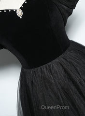 Black Haler Tulle And Velvet Long Evening Prom Dresses, Black A-Line Tulle Evening Dresses