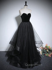 Black Haler Tulle And Velvet Long Evening Prom Dresses, Black A-Line Tulle Evening Dresses
