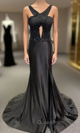 Black Halter Long Evening Prom Dresses with Corset Top and Slit Skirt