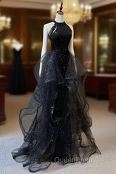 Black Halter Shiny Tulle Long Evening Prom Dresses, Black Tulle Evening Dresses with Sequins