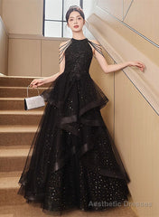 Black Halter Tulle Layers Long Formal Dress, Black Tulle Prom Dress