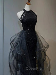 Black Halter Tulle Layers Long Evening Prom Dresses with Sequins, Black Party Dresses