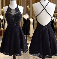 Black Lace Beaded Short Evening Prom Dresses, Cute Black Homecoming Dresses