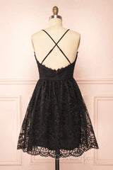 Black Lace Straps A-Line Short Party Dresses Lace Homecoming Dresses