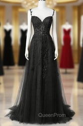 Black Lace Straps Beaded A-line Evening Prom Dresses Party Dresses, Black Floor Length Evening Dresses