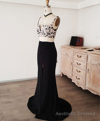 Black Lace Two Pieces Long Prom Dress, Black Evening Dress with Lace Beading