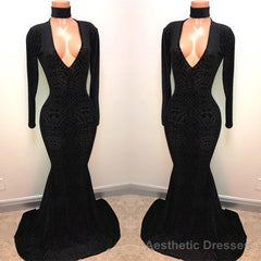 Black Lace V-Neck Prom Party Gowns| Mermaid Long-Sleeve Evening Gowns