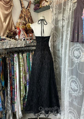 Black Lace V-Neckline A-Line Halter Party Dresses, Black Vintage Style Evening Prom Dresses