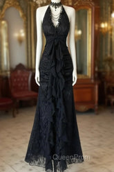 Black Lace V-Neckline A-Line Halter Party Dresses, Black Vintage Style Evening Prom Dresses