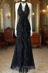 Black Lace V-Neckline A-Line Halter Party Dresses, Black Vintage Style Evening Prom Dresses