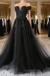 Black Lace Wedding Dresses Off The Shoulder Pearls Tulle Formal Evening Prom Dresses