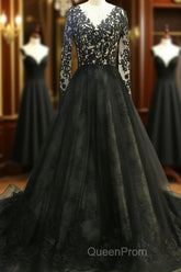Black Long A-Line V Neck Lace Tulle Wedding Dresses with Sleeves