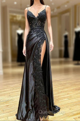 Black Long Appliques Evening Prom Dresses With Spaghetti Straps